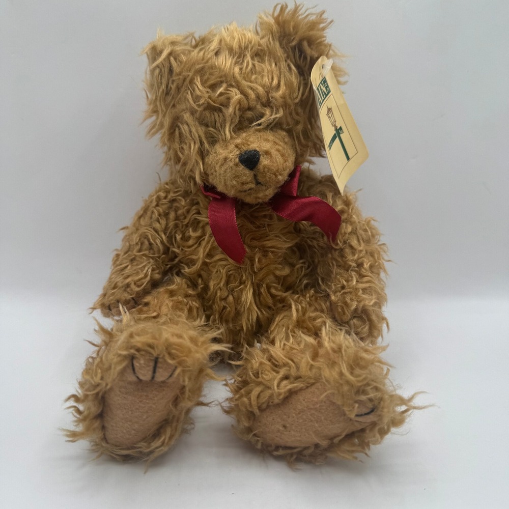 First & Main Scraggles Teddy Bear Kids 12in Tan Shaggy Plush Red Bow NWT